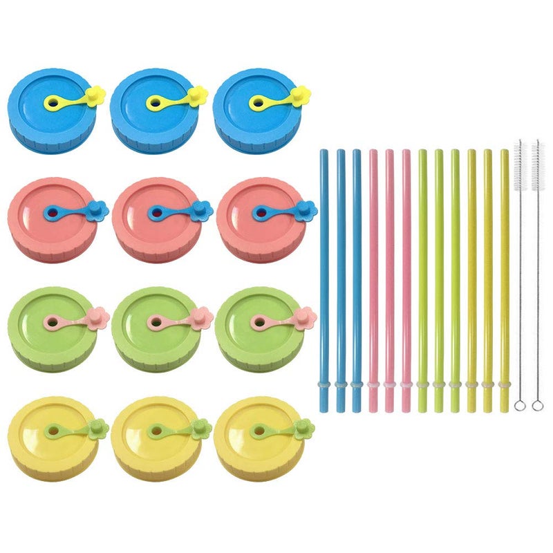Gute Mason Jar Lids,Regular mouth canning lids,Plastic Regular Mouth Mason Canning Lids with Straw Hole/Plastic Straws/Silicone Stoppers/Silicone Rings/Cleaning Brush,Decorative Mason Jars Caps (26 Pack) - Image 1